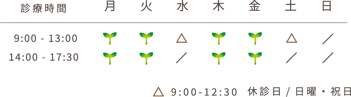 診療時間、月火木金9:00から13:00、14:00から17:30、水土9:00から12:00、休診日日祝